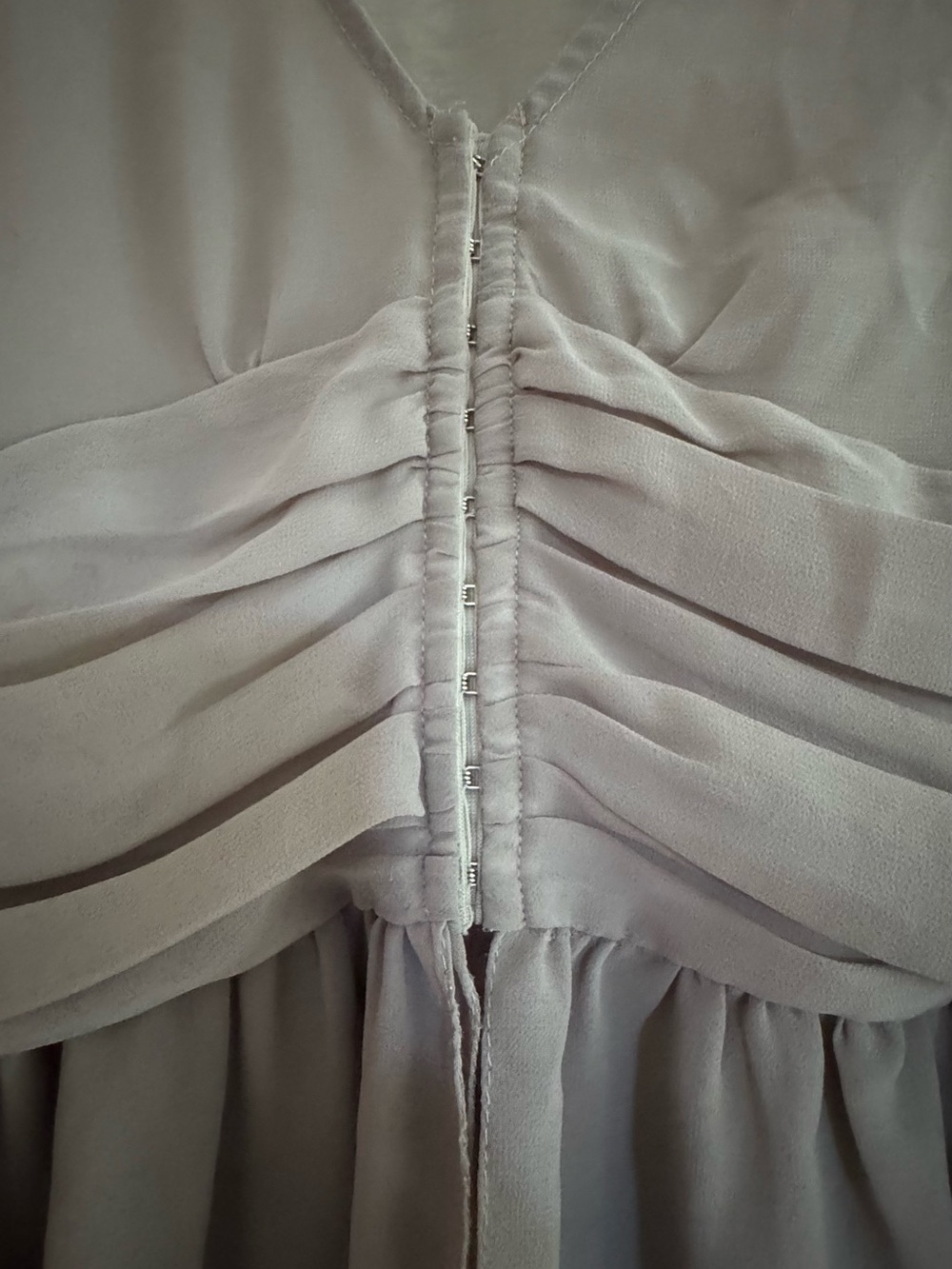 Parresh Taupe Chiffon Ruched Peplum Blouse with Lace Tiered Bell Sleeves M - Picture 4 of 7